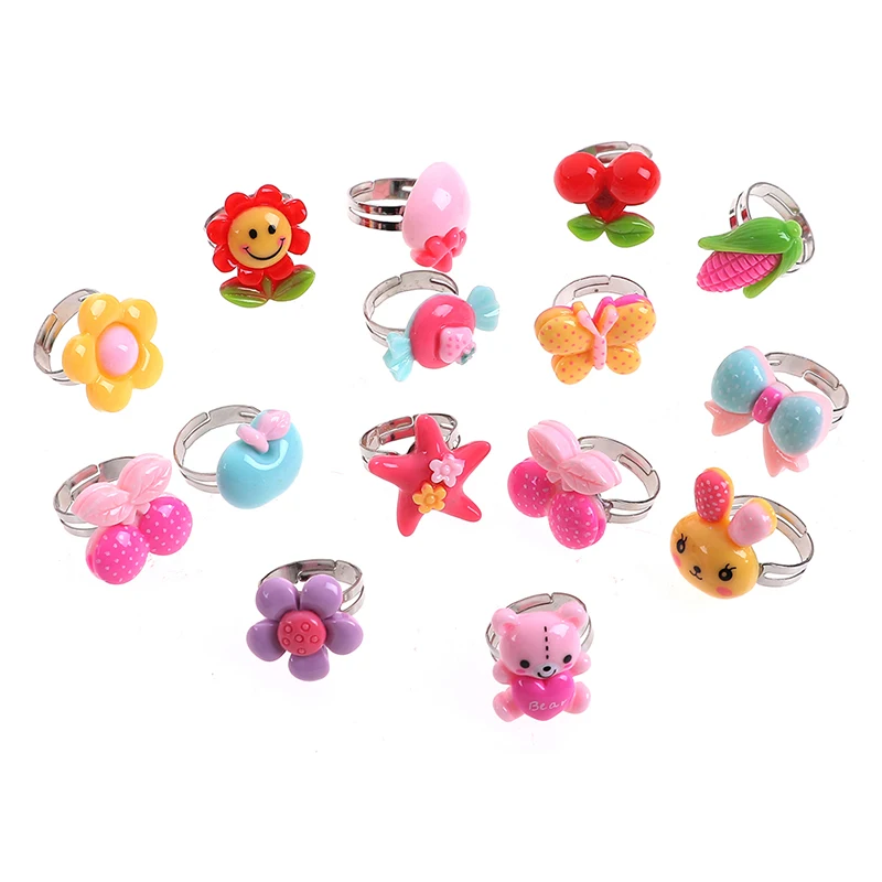 10pcs random 1/2/5/6/10 шт./лот милые Регулируемый Мультяшные кольца для девочек Наряжаться аксессуары вечерние детская игра Сделай Сам ремесло игрушка разные цвета - Цвет: 10pcs random