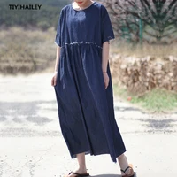 tiyihailey free shipping loose a line denim dresses women long mid calf loose vintage chinese style jeans short sleeve dresses