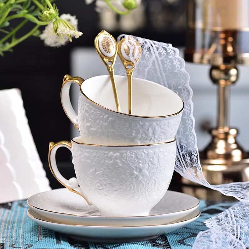 

Ceramic Coffee Cup Saucer Spoo Set Luxury Flower Tea Cups With Gold Embossed Light Luxury Exquisite Cafe Party Drinkware Mugs