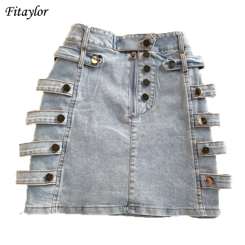 

Fitaylor 2021 New Summer Women High Street Biker Metal Breasted A-line Denim Skirts Casual Hight Waist Mini Denim Skirts