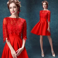 2015 new fashion short prom dresses half sleeve a line knee length evening dress party gown red lace appliques sexy vestidos