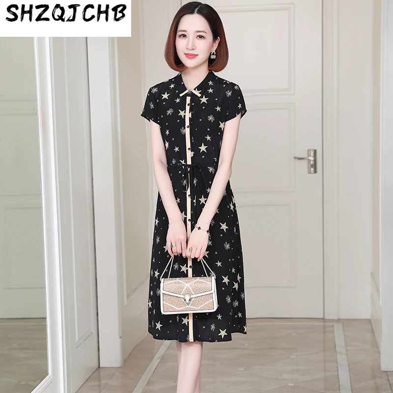 

Женское шелковое платье средней и длины SHZQ, летнее платье-рубашка из шелка тутового шелкопряда с принтом