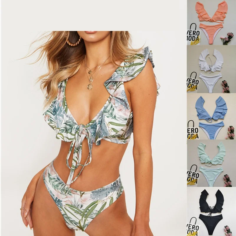 

Женский купальник, бикини с принтом листьев, женский купальник, винтажный купальный костюм в стиле ретро, бикини с лямкой на шее, женский куп...