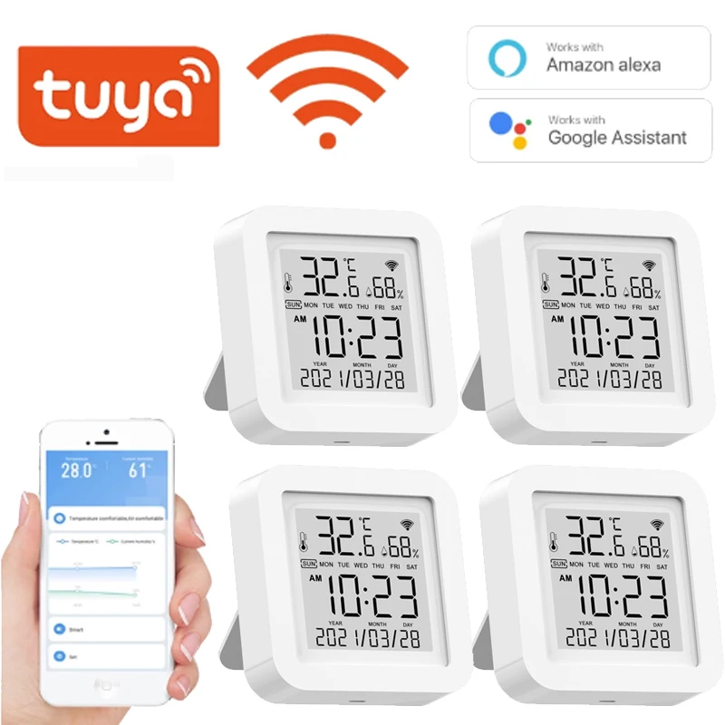 

Датчик температуры и влажности Tuya с Wi-Fi, умное устройство с управлением через приложение и поддержкой Alexa, Google Assistant, умные вещи