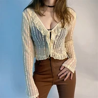 women floral lace cardigan t shirt elegant tie up see through long sleeve v neck ruffle crop tops spring autumn female clothing