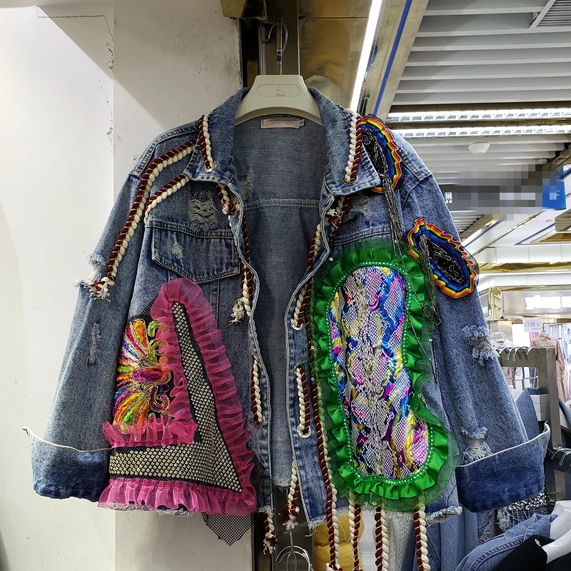 

2021 New Spring Autumn Women Outwear Rivet Diamond Gauze Patch Hole All-match Loose Denim Jacket Streetwear Jean Coat Female