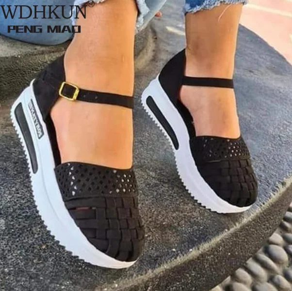 

Sandalias de verano planas con agujeros para mujer, zapatos de plataforma informales con aumento de costura, a la moda, 2021