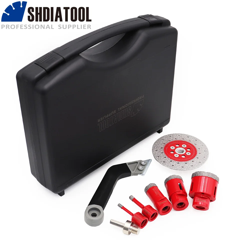SHDIATOOL 1set boxed Diamond Drill Core Bits (6/8/25/35/50/115 grinding discs/hex adapter/Seam cleaner ) For Porcelain Tile M14