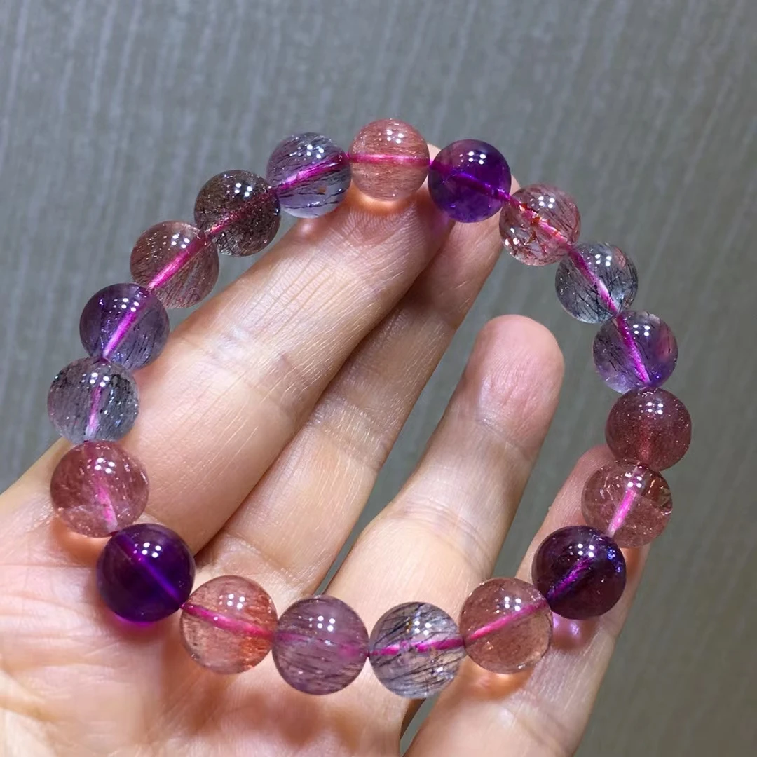 

9mm Genuine Red Natural Colorful Super Seven 7 Clear Round Beads Rutilated Quartz Bracelet Crystal For Women Men AAAAAA