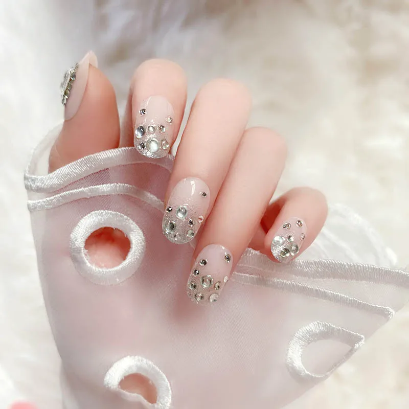 

24pcs/box Short round head false nails press on Flash Rhinestone Finished Products Fairy Girls Decoration Fake Nails with Glue