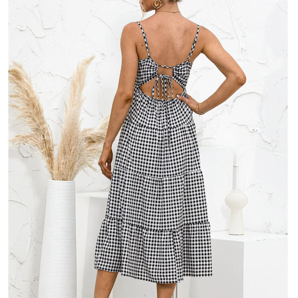 

2021 Holiday Halter Sexy Backless Dress Ruffles Splice Women Spaghetti Strap Madi Dresses Summer Plaid Print Boho Long Dress