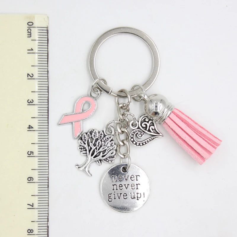 

10PC Wholesale Breast Cancer Awareness Pink Ribbon Tassel Key chain Keyring heart life tree never give up charm Keychain Jewelry
