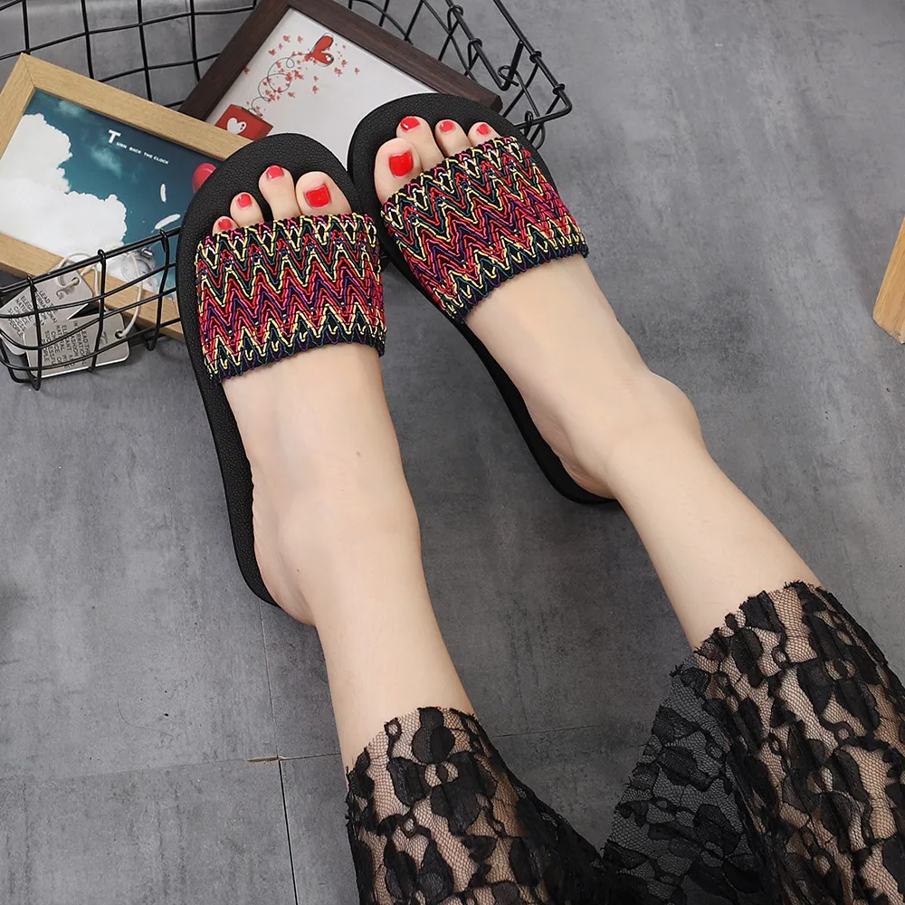 

30# Fluffy Slippers For Women National Style Summer Sandals Indoor Outdoor Flip-flops Beach Shoes Scarpe Donna Female+shoes