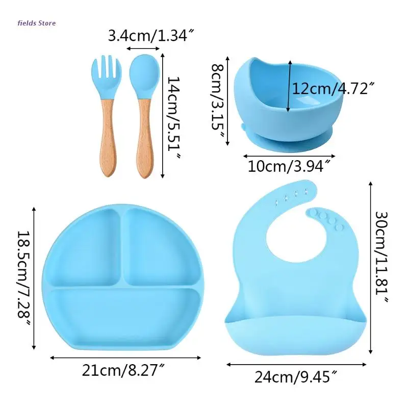 

5 Pcs Baby Silicone Bibs Divided Dinner Plate Sucker Bowl Spoon Fork Tableware