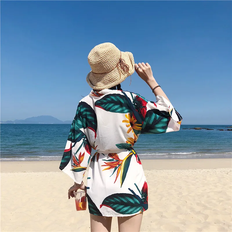 Japanese INS Style Sunblocking Kimono Haori Yukata Robe Women Cardigan Flower Print Retro Traditonal Beach Costume | Тематическая