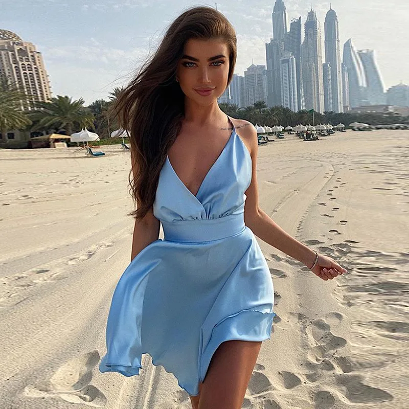 

Satin Sexy Backless Sleeveless Party Night Club Wrap Mini Dresses Spaghetti Straps Elegant Dress Solid