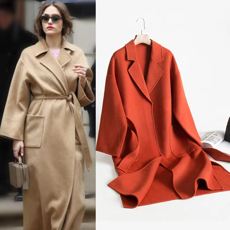 Женское зимнее шерстяное двубортное длинное твидовое пальто с открытым стежком |