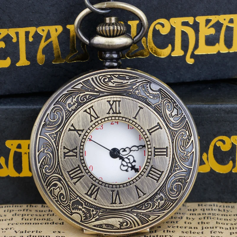 

Винтажные часы из сплава с полыми римскими цифрами, бронзовое ожерелье в стиле стимпанк, цепочка, кварцевые карманные часы