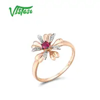 VISTOSO Genuine 14K 585 Rose Gold Ruby Diamond Flower Ring For Lady Wedding Engagement Anniversary Trendy Gift Fine Jewelry
