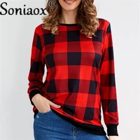 2021 spring autumn womens elegant casual t shirt long sleeve round neck plaid printed t shirt femme loose tees tops