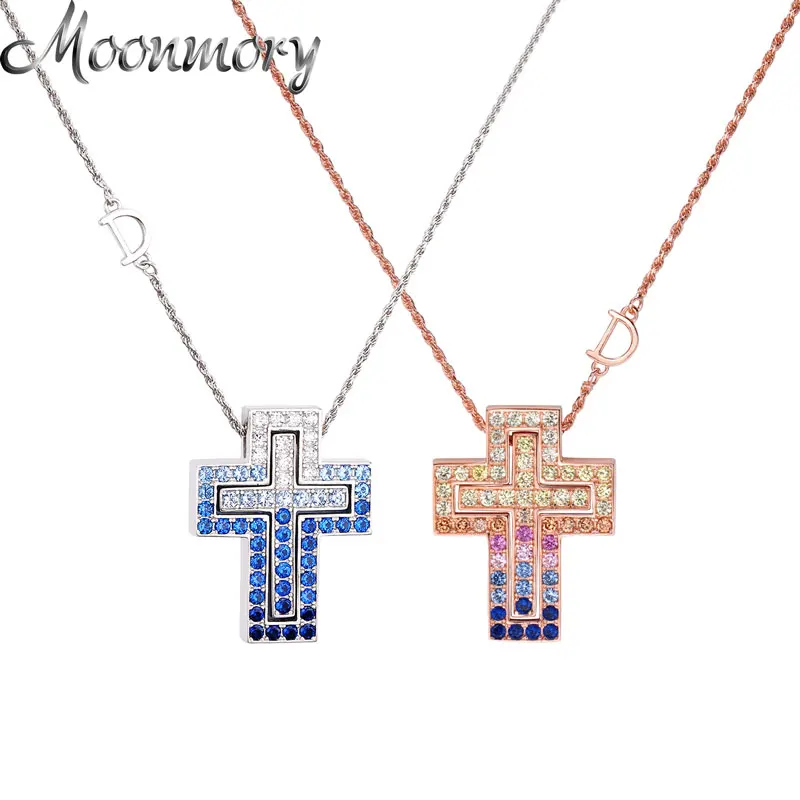 Moonmory-collar de plata de ley 925 con circonita cúbica, collar con Cruz de cristal azul doble, collar con cruz de Jesús para niños y niñas, joyería
