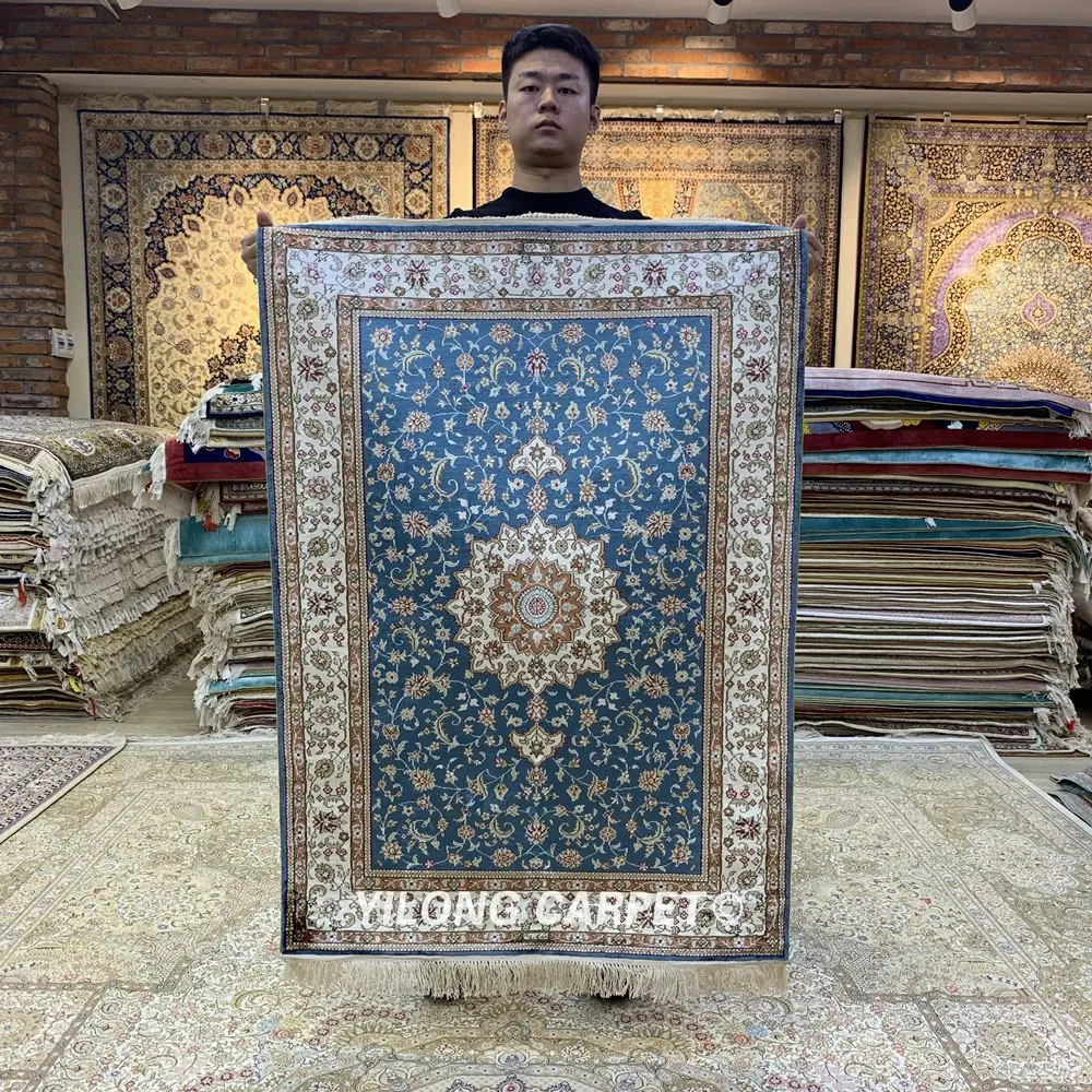 Yilong 2 7 &quotx 4&quot ручной УЗЕЛКОВЫЙ персидский синий ковер изысканный турецкий