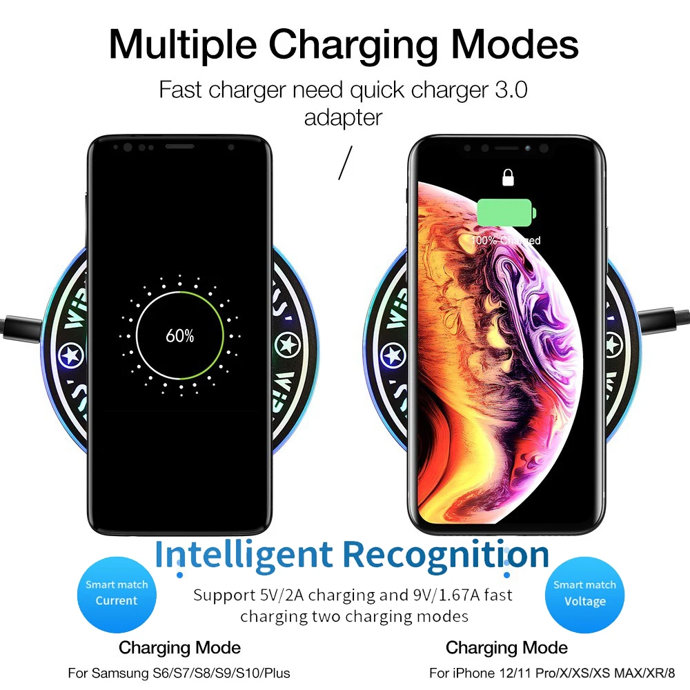 qi 10w wireless charger pad quick charge led glowing magic array charger for huawei p40 xiaomi iphone mobile phone fast chargers free global shipping