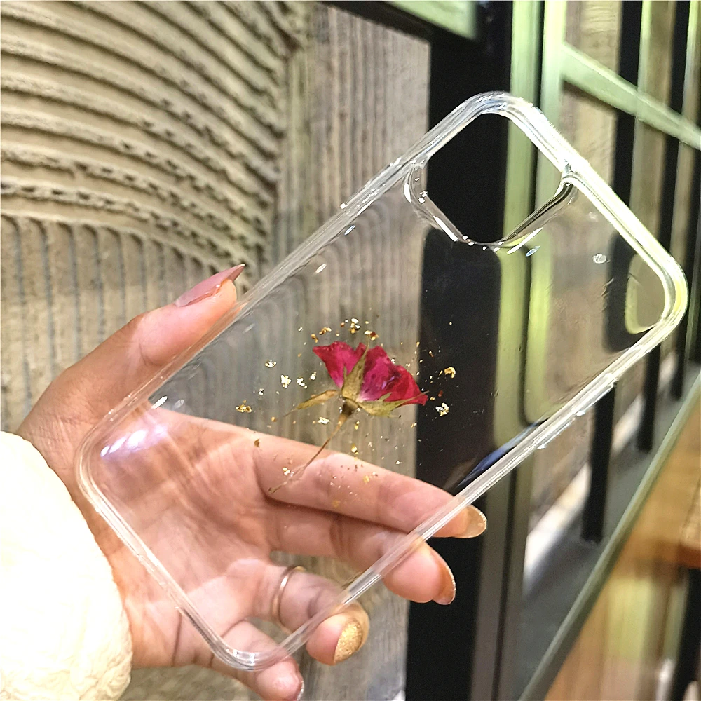 

Vya dried flowers clear silver gold foil phone cases for iphone 12 11 pro max xs max xr x 6s 7 8 plus se soft silicone case