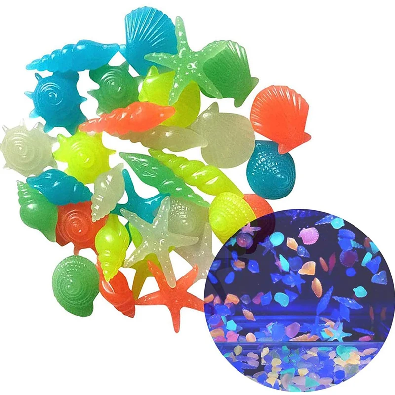 

100Pcs Colorful Glow in The Dark Starfish Conch Shell Luminous Stones For Garden Plant Decor Aquarium Fish Tank Walkway