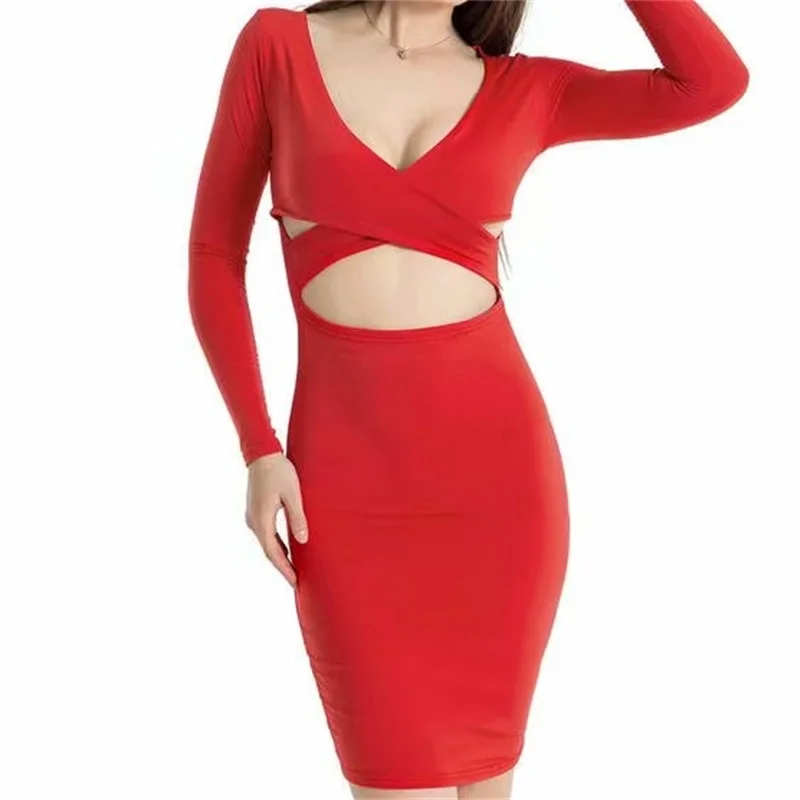 

ZXQJ Women 2021 Chic Fashion Cross-wrapped Bust Waist Cutout Mini Dress Vintage Long Sleeve Female Dresses Vestidos Mujer