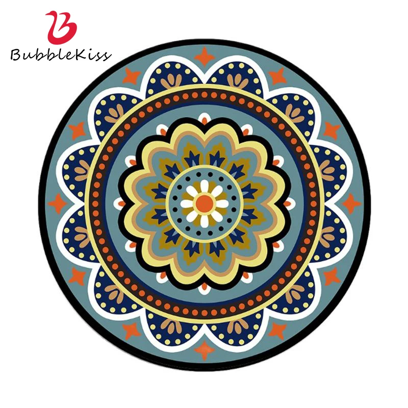 

Bubble Kiss Floral Round Carpet For Living Room Blue Geometric Flower Pattern Floor Rugs Home Decoration Kids Crawling Rugs