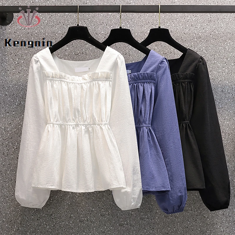 

New 2021 Autumn Women's Shirts Square Collar Cute Tops Long Puff Sleeve Female Blouse Office Lady Work Simple Blause KE1709