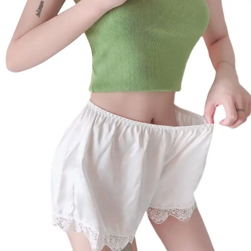 Women Imitation Silk Loose Sleep Lounge Slip Bloomer Pants Floral Lace Trim Solid Color Pettipants Split Skirt | Женская одежда