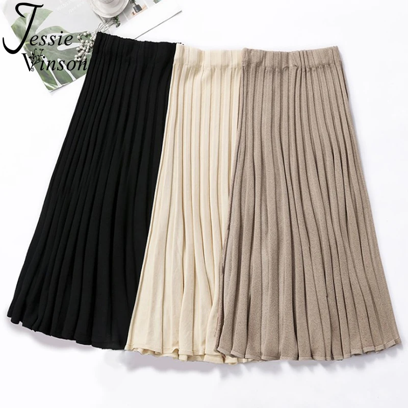 

Женская вязаная длинная юбка Jessie Vinson, однотонная плиссированная юбка-свитер с эластичным поясом, Повседневная трапециевидная юбка для женщ...