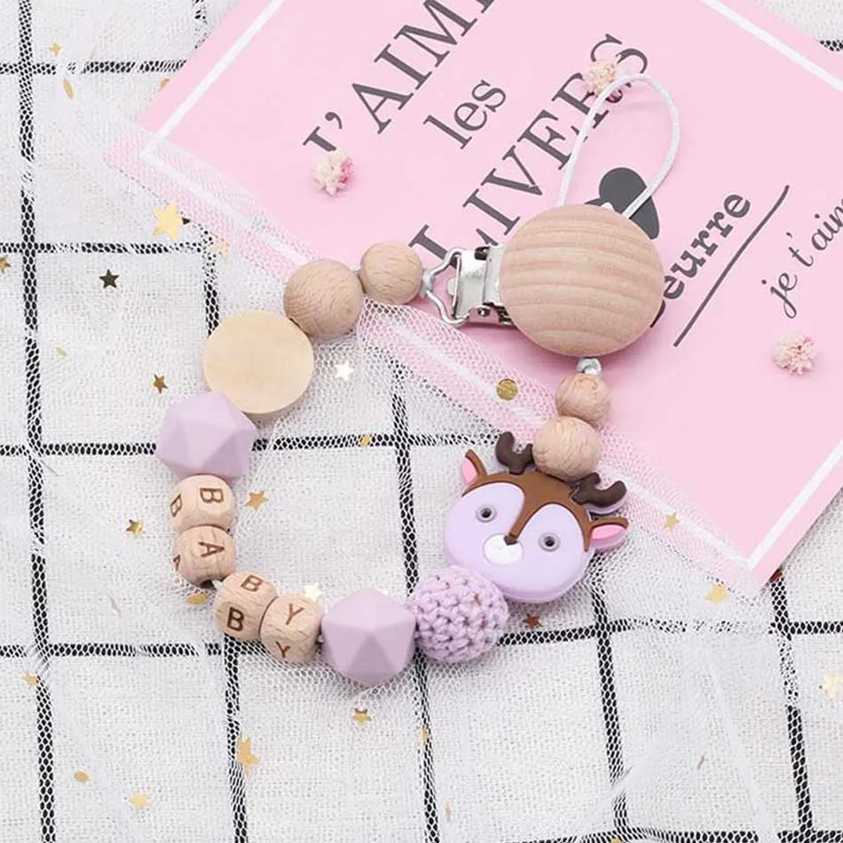 Personalize Name Baby Pacifier Clips Deer Head Soother Chain Infant Dummy Clips Baby Silicone Pacifier Holder Chain BPA Free