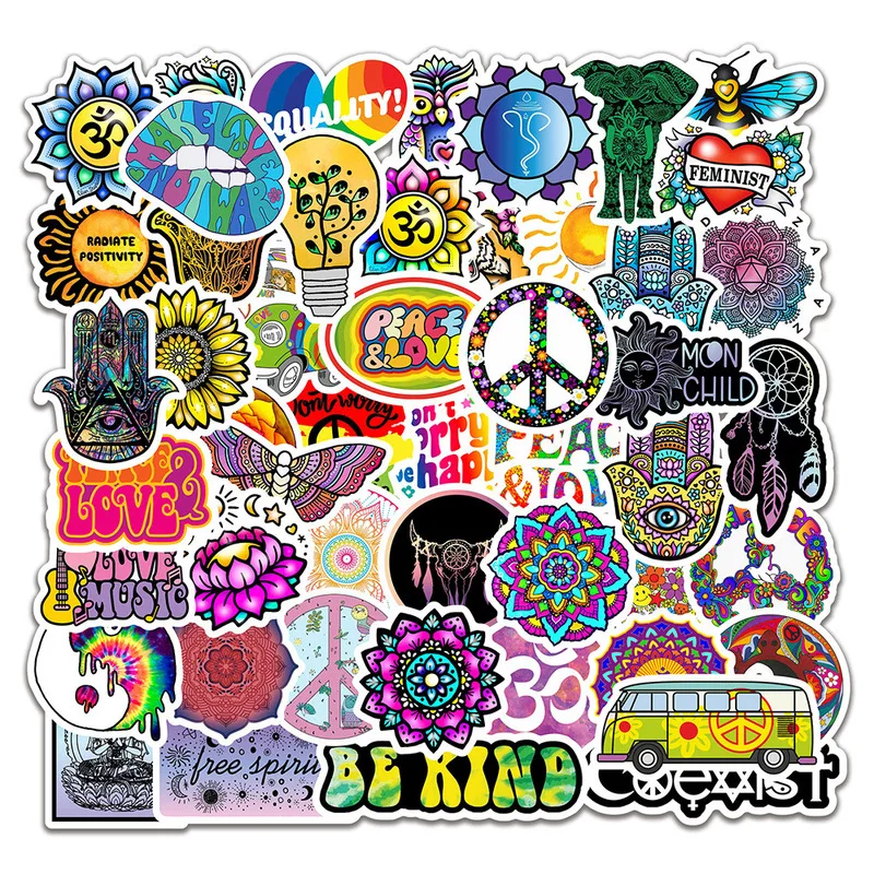 

10/50Pcs/pack Retro Hippies Stickers Love and Peace for Motorcycle Laptop Luggage Skateboards PVC Waterproof Diary Stationery
