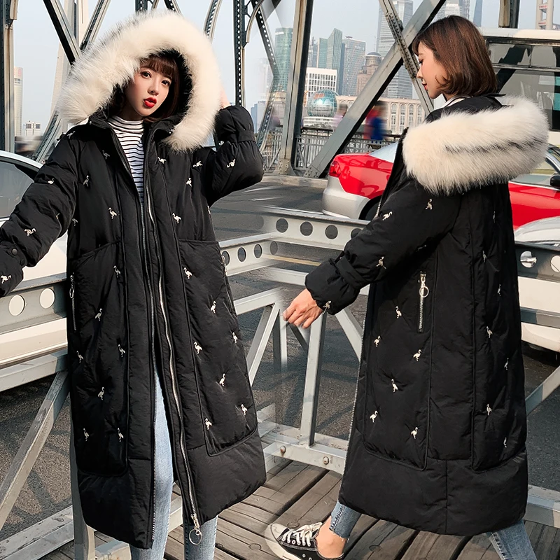 2021 Velvet Warm Down Parka Big Collar Big Fur Winter Large Code Thick Jacket Loose Collar Female FashionLong Embroidery Winter