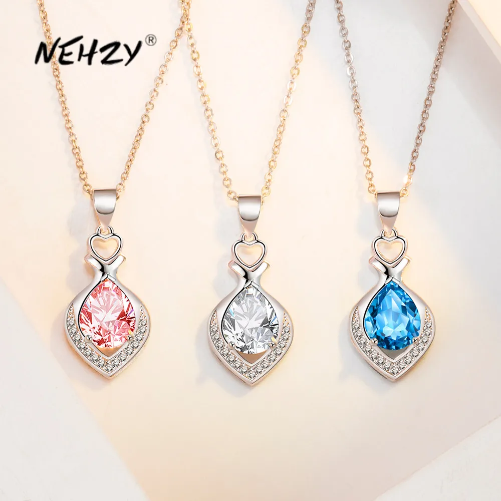 

NEHZY 925 Sterling Silver New Woman Fashion Jewelry High Quality Pink Blue Crystal Zircon Heart Pendant Necklace Length 45CM