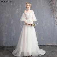kaunissina princess wedding dresses women a line v neck tulle sweep train bride gown vestidos de noiva elegant bridal dress