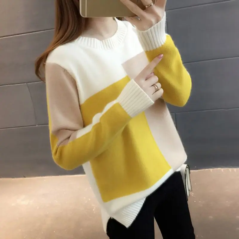 

Women Autumn Long Sleeve Knitted Sweater Geometric Color Block Patchwork Pullover Tops O-Neck Casual Loose Winter Warm Basic Jum