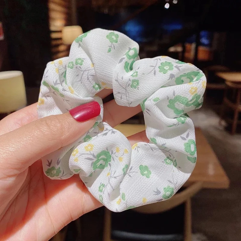 

1PC White Series Flroal Print Scrunchies Ponytail Holder Sweet Chiffon Hair Rope Elastic Hair Rubber Band HAir accessories