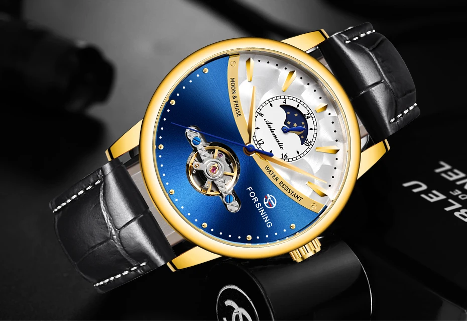 Forsining Tourbillon синие автоматические часы мужские классические Moonphase Дизайн Натуральная кожа Ремешок Водонепроницаемый Бизнес наручные часы подарок
