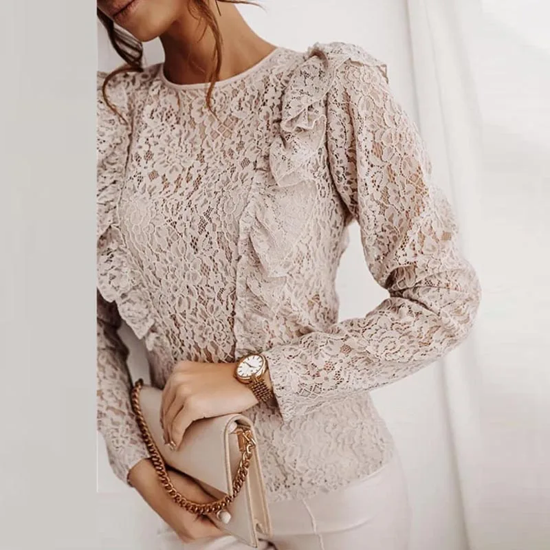 

Sleeve Ladies Shirt 2021 Spring Casual Pullover Button Top Blusalegant Solid Lace Hollow Out Blouse Tops Vintage