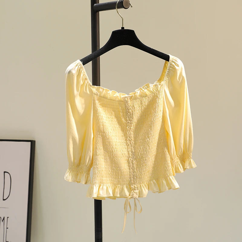 

2021 Summer Drawstring Navel Short Puff Sleeve Women Top New Fresh Ruffle Sleeve Ladies Shirt Doll Fashion Pullover Blouses