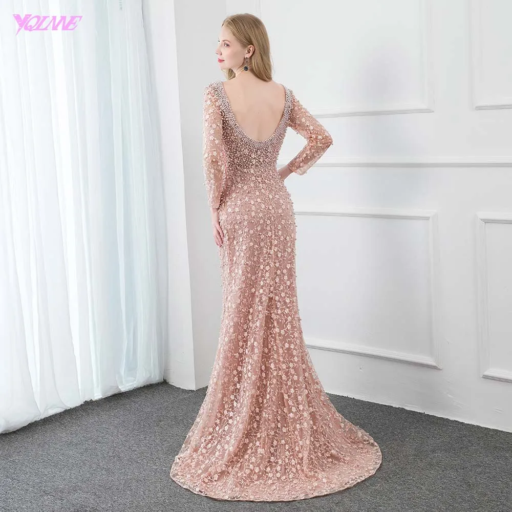 YQLNNE пыльно розовый кружево вышитое длинное вечернее платье длинный рукав Жемчуг