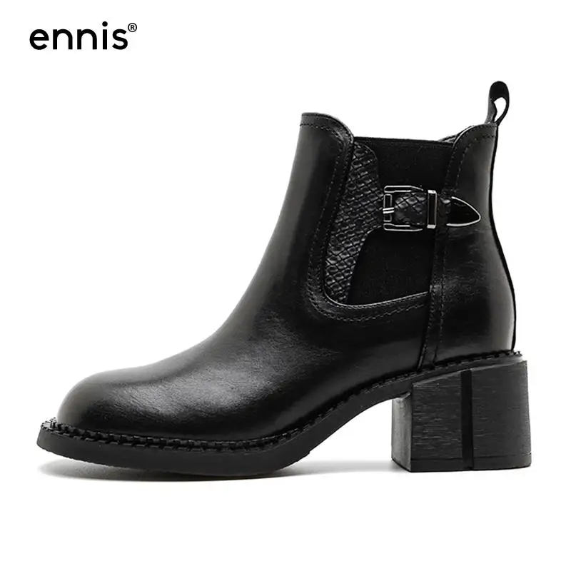 

ENNIS Autumn Winter Women Boots Genuine Leather Ankle Boots Black Shoes Med Square Heel Chelsea Boots Female Chunky Designer New