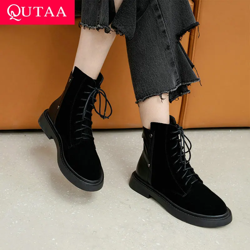 

QUTAA 2022 Genuine Leather Black Women Ankle Boots Women Shoes Platform Square Low Heel Winter Shoes Women Boots Big Size 34-40