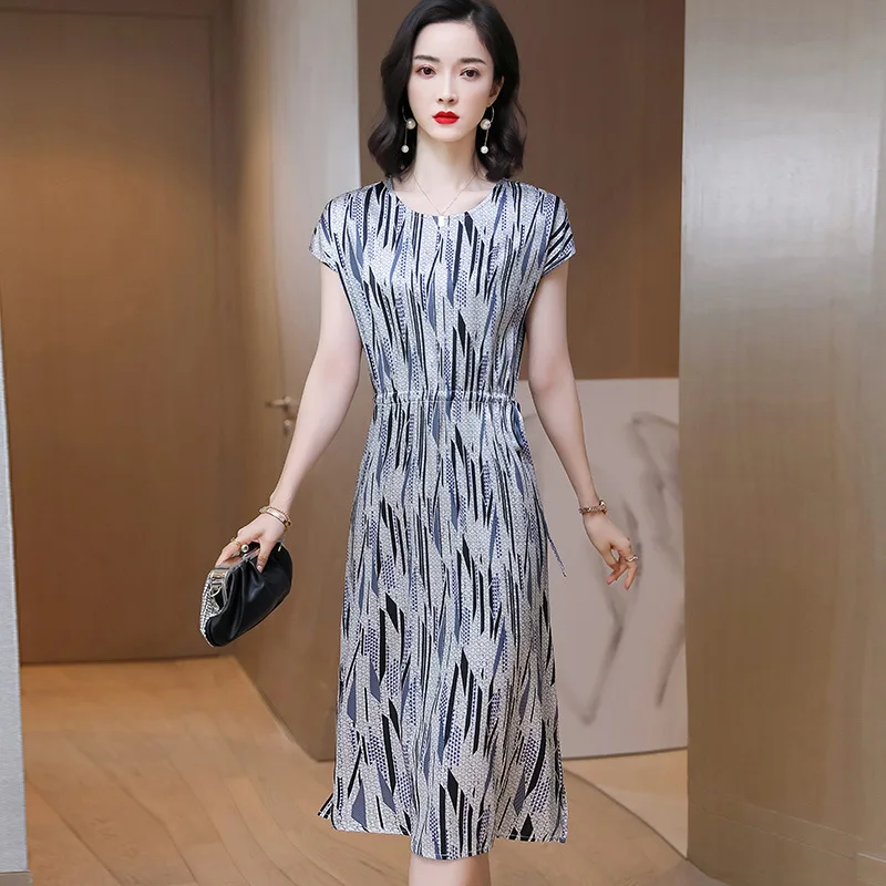 

Hangzhou Heavy Mulberry Silk Dress Mid Long Summer 2021 Sashes Stripe Short Sleeve Big Brand Dress