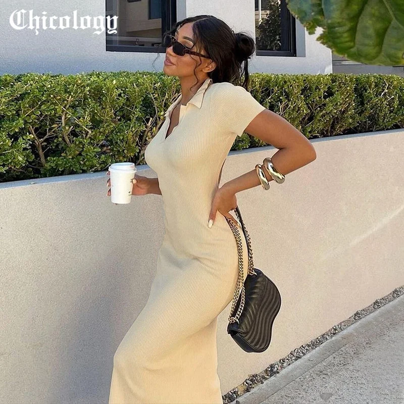 

Chicology 2021 летнее женское платье миди поло с коротким рукавом бодикон глубокий v-образный вырез модная уличная одежда элегантные костюмы