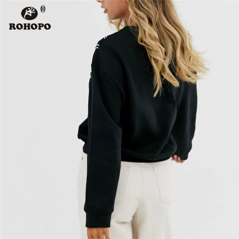 ROHOPO с круглым воротником и вышивкой, цветочное Джерси, черный свитер, Женский пуловер, хлопковые толстовки с длинными рукавами#8997